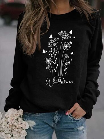 JBF Cloth Flower Sweatshirt Womens 80s Vintage Minimalistic Floral Printed Long Sleeves Sweatshirt Pullovers Tops in Kuwait