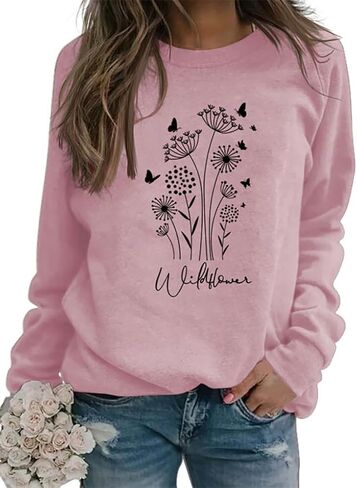 JBF Cloth Flower Sweatshirt Womens 80s Vintage Minimalistic Floral Printed Long Sleeves Sweatshirt Pullovers Tops in Kuwait