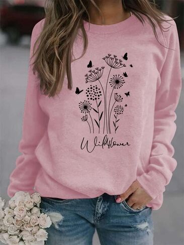 JBF Cloth Flower Sweatshirt Womens 80s Vintage Minimalistic Floral Printed Long Sleeves Sweatshirt Pullovers Tops in Kuwait