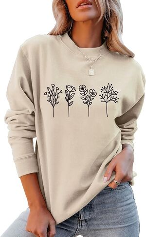 JBF Cloth Flower Sweatshirt Womens 80s Vintage Minimalistic Floral Printed Long Sleeves Sweatshirt Pullovers Tops in Kuwait