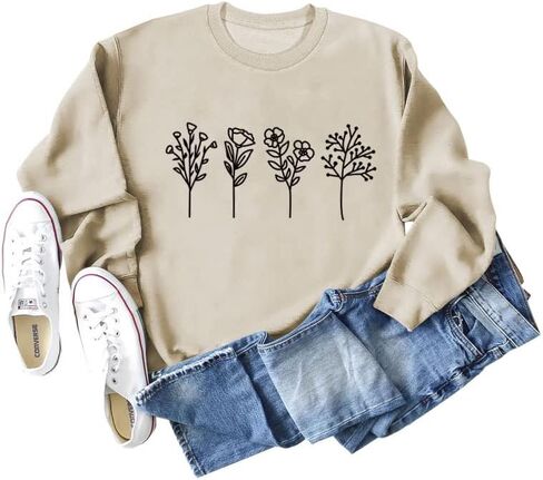 JBF Cloth Flower Sweatshirt Womens 80s Vintage Minimalistic Floral Printed Long Sleeves Sweatshirt Pullovers Tops in Kuwait
