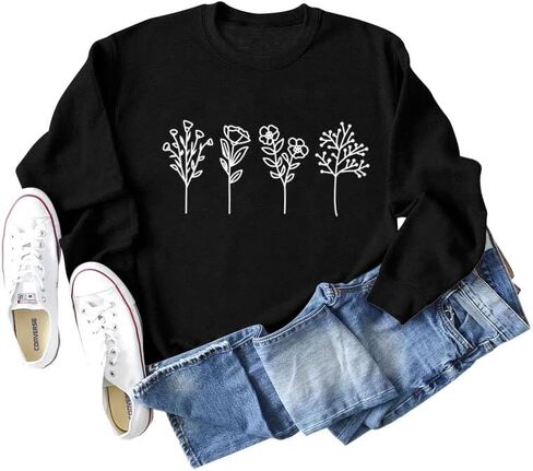 JBF Cloth Flower Sweatshirt Womens 80s Vintage Minimalistic Floral Printed Long Sleeves Sweatshirt Pullovers Tops in Kuwait