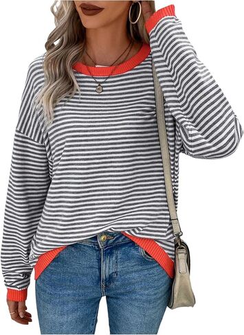Milumia Women's Striped Long Sleeve Sweater Drop Shoulder Loose Pullover Tops Knitwear in Saudi Arabia