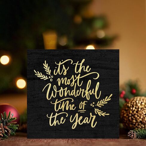 Its The Most Wonderful Time of The Year Wooden Box Sign, Christmas Desk Decor, Black Christmas Decorations, Black and Gold Christmas Wood Box Sign for Office Home Bedroom Wall Shelf Decor in Saudi Arabia