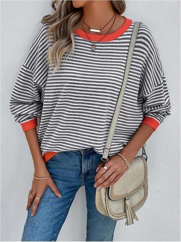 Milumia Women's Striped Long Sleeve Sweater Drop Shoulder Loose Pullover Tops Knitwear in Saudi Arabia