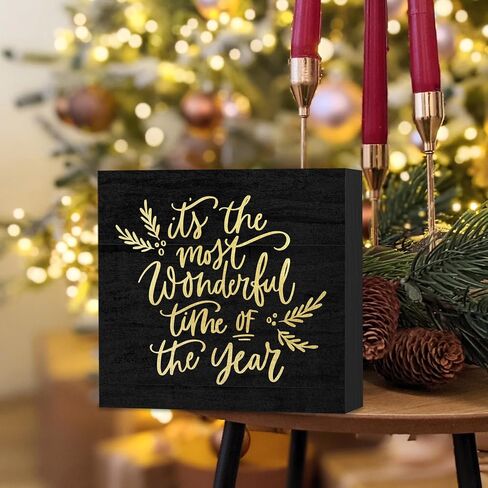Its The Most Wonderful Time of The Year Wooden Box Sign, Christmas Desk Decor, Black Christmas Decorations, Black and Gold Christmas Wood Box Sign for Office Home Bedroom Wall Shelf Decor in Saudi Arabia