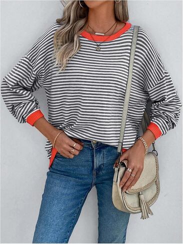 Milumia Women's Striped Long Sleeve Sweater Drop Shoulder Loose Pullover Tops Knitwear in Saudi Arabia