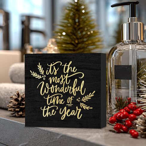 Its The Most Wonderful Time of The Year Wooden Box Sign, Christmas Desk Decor, Black Christmas Decorations, Black and Gold Christmas Wood Box Sign for Office Home Bedroom Wall Shelf Decor in Saudi Arabia