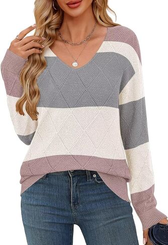 FEKOAFE Womens Sweaters Long Sleeve Casual V Neck Lightweight Pullover Sweaters for Women Trendy in Kuwait