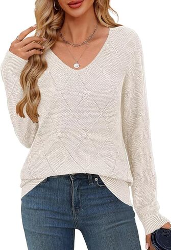 FEKOAFE Womens Sweaters Long Sleeve Casual V Neck Lightweight Pullover Sweaters for Women Trendy in Kuwait
