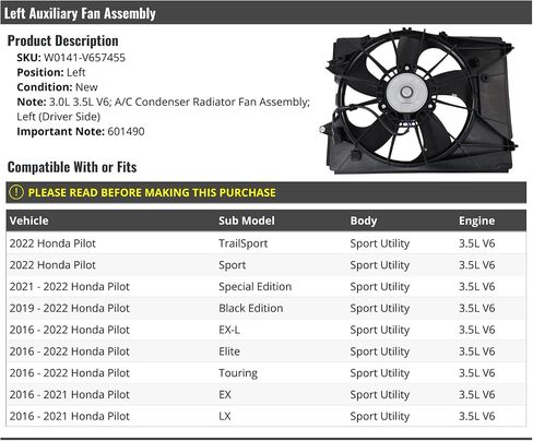 Left Driver Side Auxiliary A/C Condenser Radiator Fan Assembly - Compatible with 2016-2022 Honda Pilot Sport Utility 3.5L V6 in Saudi Arabia