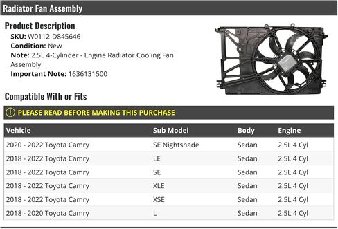 Engine Radiator Cooling Fan Assembly - Compatible with 2018-2022 Toyota Camry Sedan 2.5L 4-Cylinder in Saudi Arabia