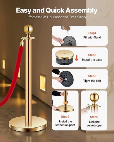 VEVOR Stanchion Post مع الحبال المخملية، 6 عبوات من دعامة التحكم في الحشود مع 3 قطع من الحبال المخملية الحمراء بطول 5 أقدام، مقسم خط حاجز طابور الفولاذ المقاوم للصدأ مع قمة الكرة للأحداث والمتاحف والحفلات in Saudi Arabia
