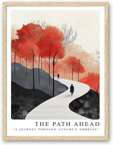 A Journey Through Autumn Embrace - Natural Oak Frame Wall Art, 12x16 inch Canvas Wall Print, Street Scene Poster for Wall Decoration in Living Room, Bedroom, Office, Gallery - 1 Set in Saudi Arabia