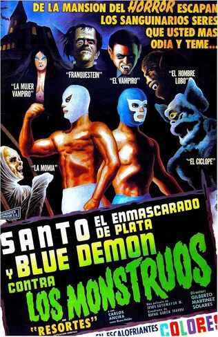 طباعة ملصق فيلم أرشيف سينما "Santo and Blue Demon against the Monsters"، مقاس 11 بوصة × 17 بوصة، فن المصارعة المكسيكي العتيق، Lucha Libre، صنع في الولايات المتحدة الأمريكية in Saudi Arabia
