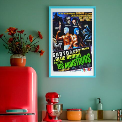 طباعة ملصق فيلم أرشيف سينما "Santo and Blue Demon against the Monsters"، مقاس 11 بوصة × 17 بوصة، فن المصارعة المكسيكي العتيق، Lucha Libre، صنع في الولايات المتحدة الأمريكية in Saudi Arabia