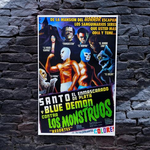 طباعة ملصق فيلم أرشيف سينما "Santo and Blue Demon against the Monsters"، مقاس 11 بوصة × 17 بوصة، فن المصارعة المكسيكي العتيق، Lucha Libre، صنع في الولايات المتحدة الأمريكية in Saudi Arabia