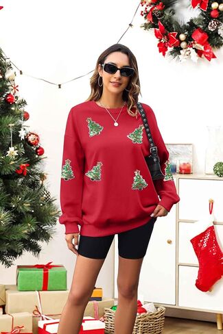 سويت شيرت MYHALF Christmas للنساء برقبة دائرية وترتر شجرة عيد الميلاد Xma بأكمام طويلة وقمصان بلوفر للعطلات in Kuwait