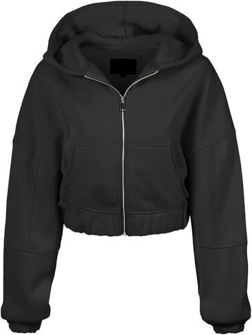 MixMatchy Women's Solid Casual Basic Long Sleeve French Terry Zip Up Crop Hoodie Jacket in Kuwait