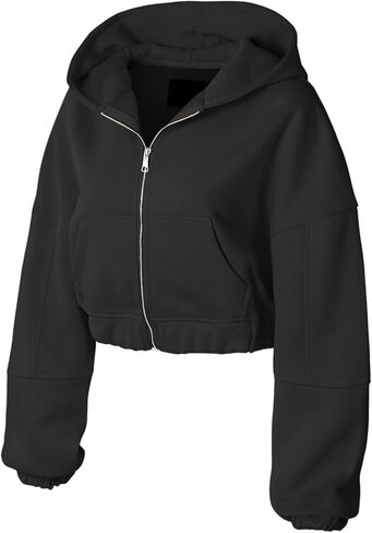 MixMatchy Women's Solid Casual Basic Long Sleeve French Terry Zip Up Crop Hoodie Jacket in Kuwait