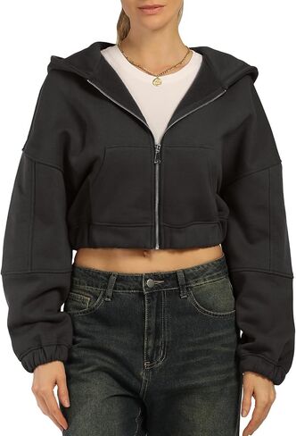 MixMatchy Women's Solid Casual Basic Long Sleeve French Terry Zip Up Crop Hoodie Jacket in Kuwait