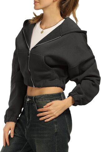 MixMatchy Women's Solid Casual Basic Long Sleeve French Terry Zip Up Crop Hoodie Jacket in Kuwait