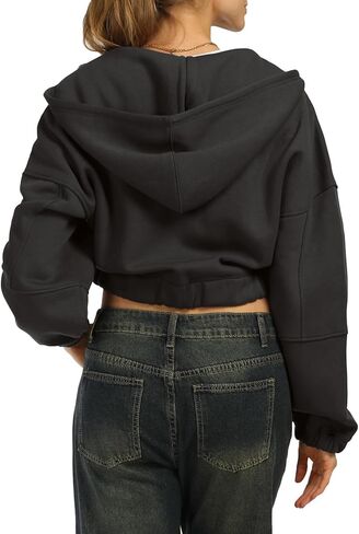 MixMatchy Women's Solid Casual Basic Long Sleeve French Terry Zip Up Crop Hoodie Jacket in Kuwait