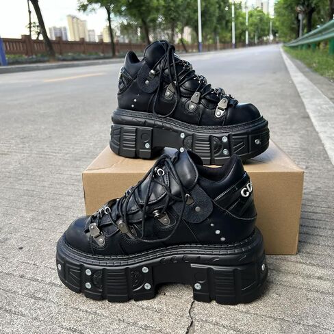 Vintage Women and Men Black Platform Sneakers Shoes Metal Decoration Gothic Retro Thick Sole Punk Shoes in Saudi Arabia
