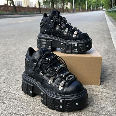 Vintage Women and Men Black Platform Sneakers Shoes Metal Decoration Gothic Retro Thick Sole Punk Shoes in Saudi Arabia