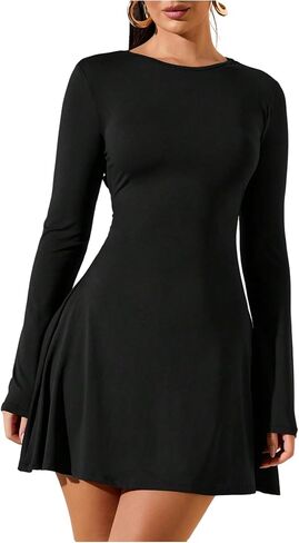 SOLY HUX Women's Long Sleeve Mini Dress Elegant Lace Up Crew Neck Work Office Dresses in Saudi Arabia