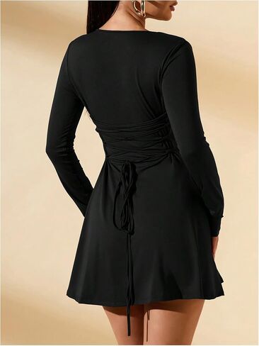 SOLY HUX Women's Long Sleeve Mini Dress Elegant Lace Up Crew Neck Work Office Dresses in Saudi Arabia