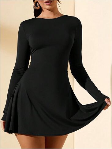 SOLY HUX Women's Long Sleeve Mini Dress Elegant Lace Up Crew Neck Work Office Dresses in Saudi Arabia