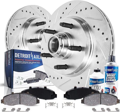 محور ديترويت - مجموعة فرامل أمامية ثنائية الدفع لـ 2000-2004 Ford F-150 Lincoln Blackwood محفورة ومشقوقة استبدال دوارات فرامل القرص 2000 2001 2002 2003 2004 وسادات فرامل سيراميك 5 عروات in Saudi Arabia