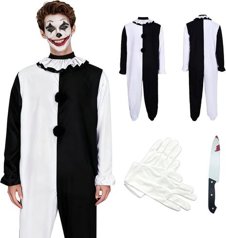 Men Horror Clown Costume Jumpsuit Black and White Bodysuit Set Movie Themed Outfit for Halloween Killer Clown Cosplay Outfit in Saudi Arabia