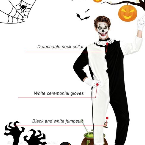Men Horror Clown Costume Jumpsuit Black and White Bodysuit Set Movie Themed Outfit for Halloween Killer Clown Cosplay Outfit in Saudi Arabia
