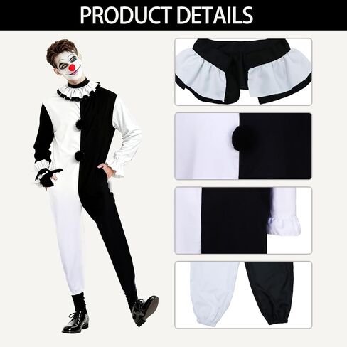 Men Horror Clown Costume Jumpsuit Black and White Bodysuit Set Movie Themed Outfit for Halloween Killer Clown Cosplay Outfit in Saudi Arabia