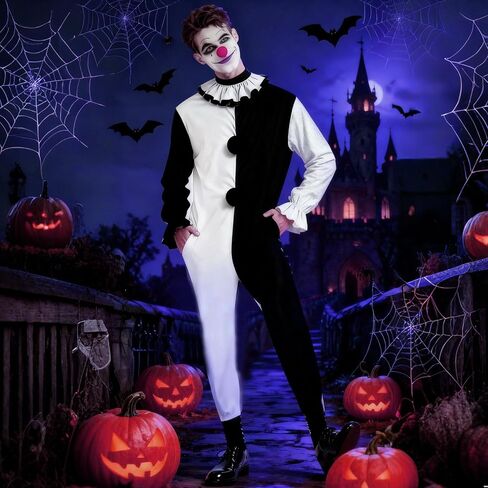 Men Horror Clown Costume Jumpsuit Black and White Bodysuit Set Movie Themed Outfit for Halloween Killer Clown Cosplay Outfit in Saudi Arabia