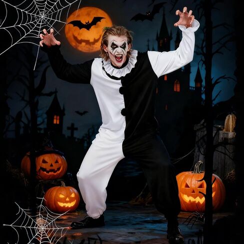 Men Horror Clown Costume Jumpsuit Black and White Bodysuit Set Movie Themed Outfit for Halloween Killer Clown Cosplay Outfit in Saudi Arabia