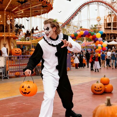 Men Horror Clown Costume Jumpsuit Black and White Bodysuit Set Movie Themed Outfit for Halloween Killer Clown Cosplay Outfit in Saudi Arabia