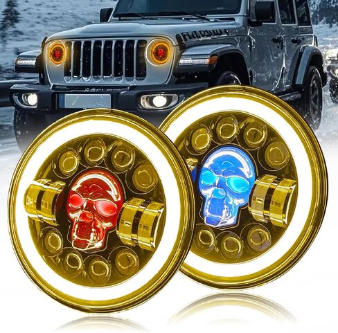 1Pair RGB Skull Led Headlights with 4 Skull Patterns and Amber Halo Turn Signals 7 Inch Headlamps Compatible with Wrang-ler JK TJ LJ CJ Hummer H1 H2 H6024 Truck in Saudi Arabia