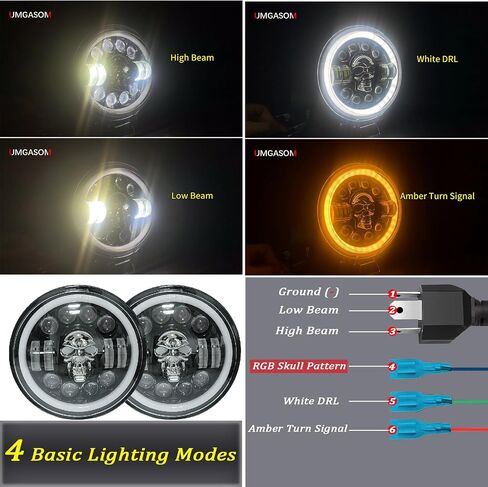 1Pair RGB Skull Led Headlights with 4 Skull Patterns and Amber Halo Turn Signals 7 Inch Headlamps Compatible with Wrang-ler JK TJ LJ CJ Hummer H1 H2 H6024 Truck in Saudi Arabia