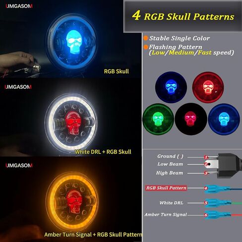 1Pair RGB Skull Led Headlights with 4 Skull Patterns and Amber Halo Turn Signals 7 Inch Headlamps Compatible with Wrang-ler JK TJ LJ CJ Hummer H1 H2 H6024 Truck in Saudi Arabia