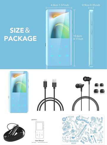 AGPTEK 64GB MP3 Player with Bluetooth, A19 2.4" Curved Screen Music Player | Portable, Lossless Sound with FM Radio, Voice Recorder, Supports up to 128GB, Blue in Kuwait