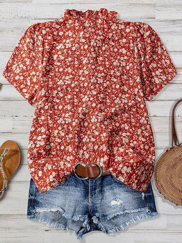 SOLY HUX Women's Plus Size Floral Tops Notched V Neck Puff Short Sleeve Boho Summer Blouse in Saudi Arabia