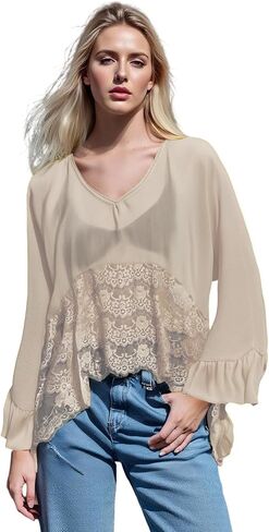 Womens Sheer Poncho Top Loose Fit Batwing Long Sleeve V Neck Ruffle Chiffon Blouse Sexy See Through Lace Shawl Top in Saudi Arabia