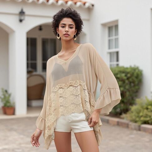 Womens Sheer Poncho Top Loose Fit Batwing Long Sleeve V Neck Ruffle Chiffon Blouse Sexy See Through Lace Shawl Top in Saudi Arabia