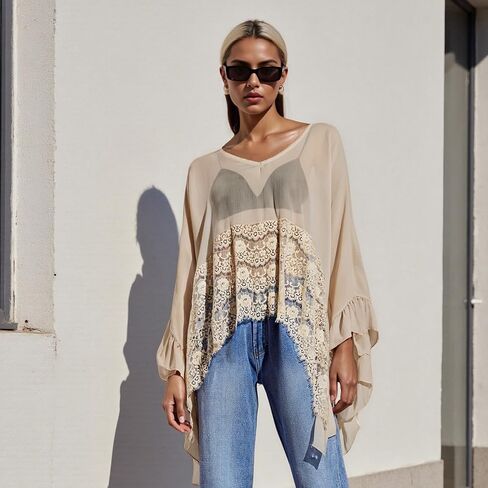 Womens Sheer Poncho Top Loose Fit Batwing Long Sleeve V Neck Ruffle Chiffon Blouse Sexy See Through Lace Shawl Top in Saudi Arabia