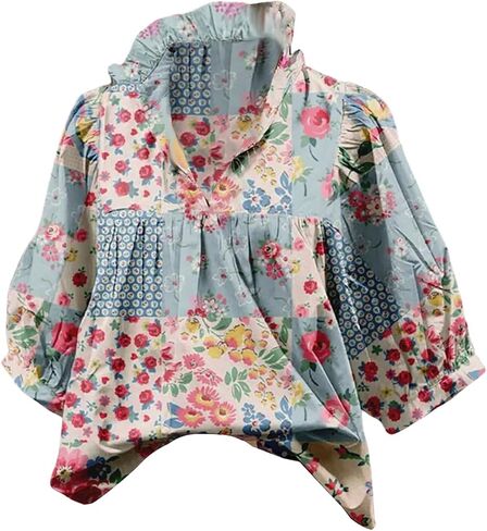 WDIRARA Women's Boho Floral Tops Half Sleeve Collared V Neck Blouse Vacation Tops in Saudi Arabia