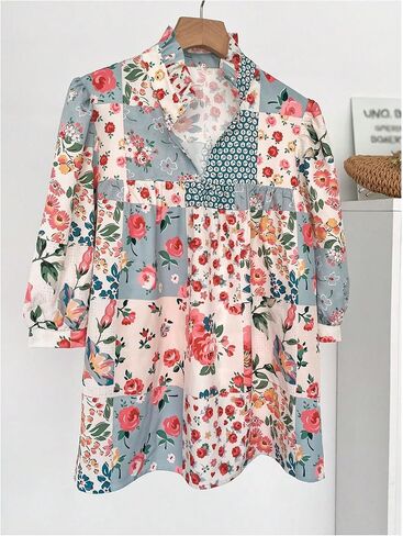WDIRARA Women's Boho Floral Tops Half Sleeve Collared V Neck Blouse Vacation Tops in Saudi Arabia