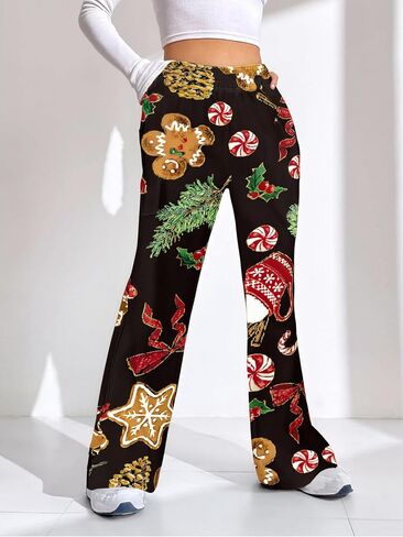 Women Christmas Print Lounge Pants Casual Wide Leg Pajama Bottoms with Pockets Elastic Waist Holiday Relaxed Trousers in Saudi Arabia